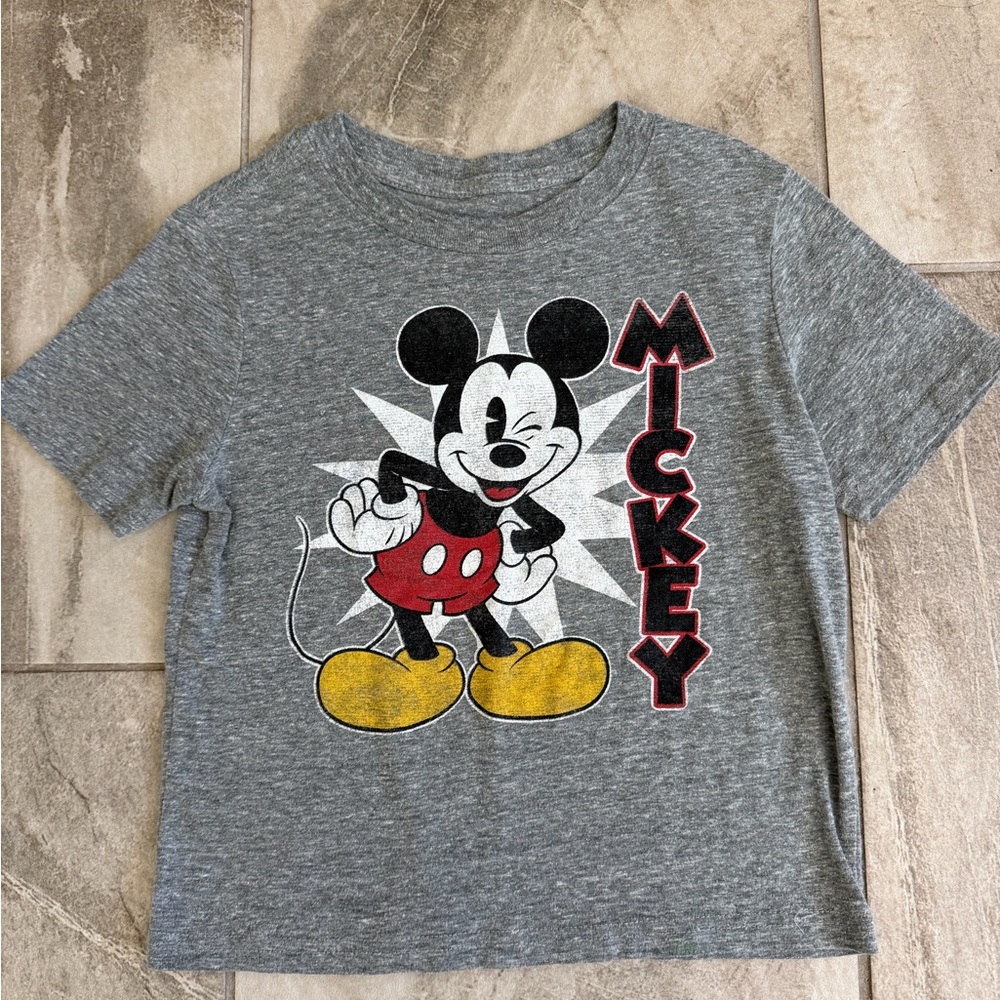 Disney Grey Mickey Mouse Graphic Tee with Red & Yellow Accents